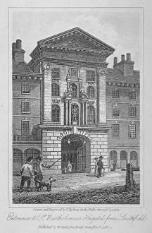St Barts Prints: View of the entrance of St Bartholomews Hospital from Smithfield, City of London, 1816