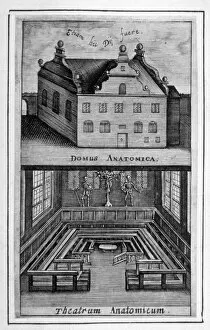 Guildhall Library Art Gallery: View of exterior of building and anatomical theatre inside, c1662