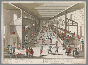 Fencing Prints: View of a fencing school, 1742-1801. Creator: Anon