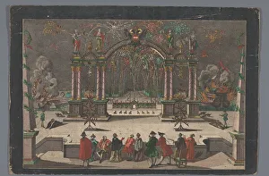 Firework Prints: View of fireworks and a triumphal arch with a two-headed eagle and the name of Joseph