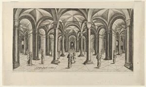 View in Fisheye perspective of a Hall with Columns and Cross Rib Vaulting, ca. 1610-20