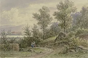 View from the forest towards a village and mountains, late 19th century. Creator: Jacob Hoffmann