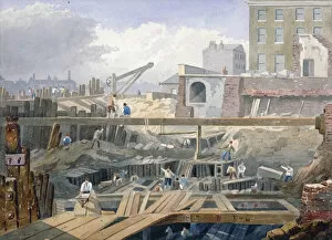 Construction Worker Gallery: View of the foundations being dug for the first arch of London Bridge, 1825
