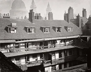View of the galleries at the Oxford Arms Inn, Warwick Lane, from the roof, City of London, 1875