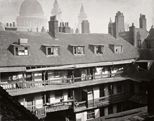 Warwick Lane Gallery: View of the galleries at the Oxford Arms Inn, Warwick Lane, from the roof, City of London, 1875