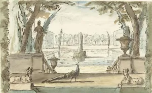 Nymegen Elias Van Prints: View of a garden with a pond, a fountain and a peacock