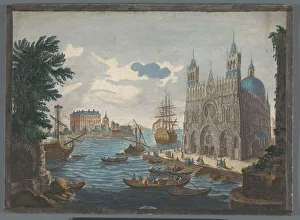 Cargo Boat Prints: View of a Gothic Cathedral on the Water, 1760. Creator: Jean Moyreau