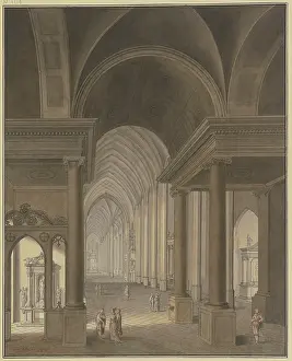 Johann Prints: View into a Gothic church, with Baroque additions in the foreground and figures in 17th-cen