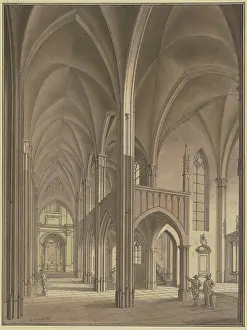 View of a Gothic church with figures in 17th-century costumes, 1776. Creator: Johann Vogelin