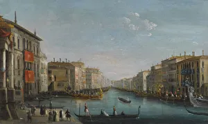 Ponte Di Rialto Prints: View of the Grand Canal from the Palazzo Balbi looking toward the Rialto Bridge with a Regatta