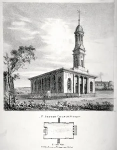 Burton Prints: View and ground plan of the Church of St Peter Newington, Southwark, London, 1824