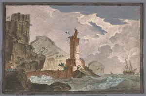 View of a harbor with the ruin of a tower on the waterfront, 1700-1799. Creator: Anon