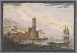 View of a harbor with a tower on the waterfront, 1700-1799. Creator: Anon