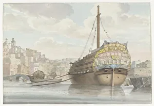 Galley Prints: View of harbour with galleon near the wharf, 1778. Creator: Louis Ducros