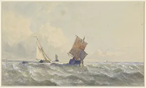 Waterscape Prints: View of the high seas, on which there are three sailing ships, 1852. Creator: Henri le Hon