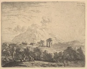 Aqueduct Collection: View of hillside with ruins (an aqueduct?) and mountain crag beyond