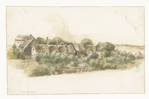 Water Mill Prints: View of a few houses and a water mill between trees, 1633-1687. Creator: Gillis Neyts