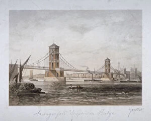 Th Shepherd Gallery: View of Hungerford Suspension Bridge and boats on the River Thames, London, 1854