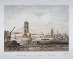 Th Shepherd Prints: View of Hungerford Suspension Bridge and boats on the River Thames, London, 1854