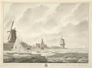 Windmills Prints: View of the ice, piling up on and against the parapet behind the Runmolen