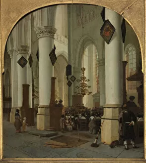 Church Service Gallery: View inside the Saint Bavo church in Haarlem during mass, 1666. Artist: Vliet, Hendrick Cornelisz