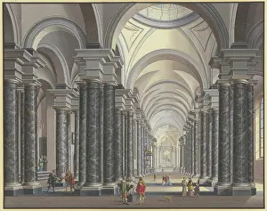 Columns Prints: View into the interior of a Baroque church with black marble columns and figures
