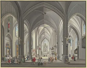 Columns Prints: View into the interior of a Gothic hall church with many figures in 17th-century