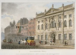 View of Ironmongers Hall and people and a coach in Fenchurch Street, City of London, 1811