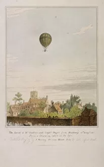 Sadler Collection: View of James Sadlers balloon over Mermaid Gardens, Hackney, London, 1811. Artist
