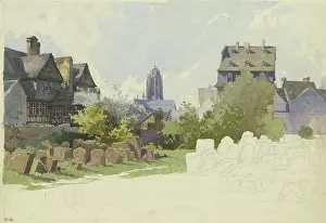 Gravestone Prints: View across the Jewish Cemetery on BattonnstraBe in Frankfurt am Main towards St