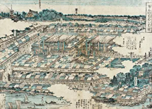 Keisai Eisen Prints: View of Kabuki Theatre District in Edo, 1820. Creator: Ikeda Eisen