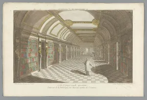 Bookshelves Prints: View of the library of the Sainte-Geneviève abbey in Paris, 1735-1805. Creator: Unknown