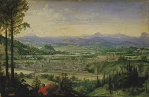 Vast Prints: View of Linz with Artist Drawing in the Foreground, 1593. Creator: Lucas van Valckenborch