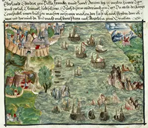 Portuguese Prints: View of Lisbon, with ships tossed about in the treacherous waters of the inlet