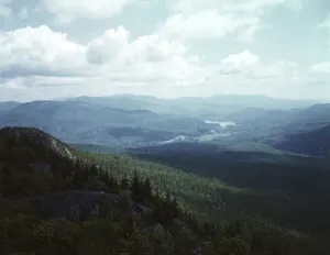 A view looking northeast from the fire tower manned... Pine Mountain, Gorham vicinity, N.H. 1943. Creator: John Collier