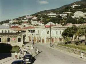 View down the main street from the Grand Hotel, Charlotte Amalie, St. Thomas Island, V. I. 1941. Creator: Jack Delano