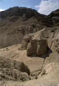 View of the mountains of Qumran in the Judean desert valley, the caves where ancient View of the mountains of Qumran in the Judean desert valley, the caves where ancient