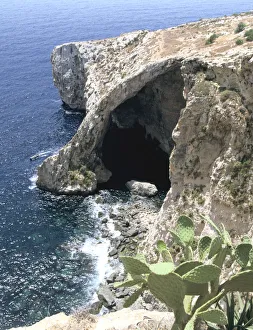 Maltese Prints: View of natural bridge and boat, Blue Grotto, Malta
