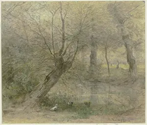 Pastel Prints: View of the Nied near Brentano's Park in Rodelheim, with ducks Animated, 19th century