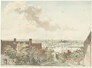Washerwoman Prints: View in Nijmegen with a ferry across the river, 1785. Creator: Hendrick Hoogers