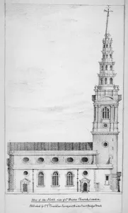 View of the north side of St Brides Church, Fleet Street, City of London, 1825
