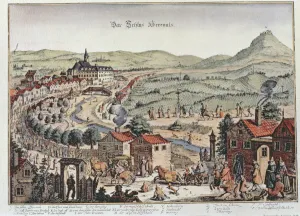Vienna Gallery: View of the north of Vienna with Schloss Hernals and Kahlenberg hills, colored engraving