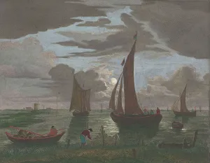 Neer Aert Van Der Prints: View off the coast with ships and boats on the water in moonlight