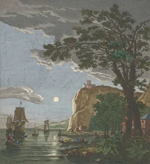 Edifice Prints: View off the coast with ships and boats on the water in moonlight