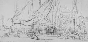 Billingsgate Wharf Gallery: View of oyster boats at Billingsgate Wharf, City of London, 1810