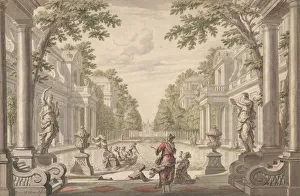 Daniel Marot Prints: View of a Palace Garden with a Central Pond Surrounded by Classical Architecture... ca
