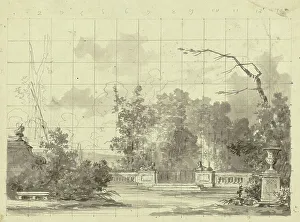 View of the Park at Versailles: Balustrade with Two Sphinxes Urn, n.d. Creator: Pierre Antoine Mongin