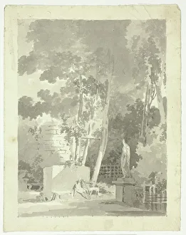 View of the Park at Versailles: Two Figures on a Bench in a Clearing, Female Statue Nearby, n.d. Creator: Pierre Antoine Mongin