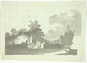 Transfer Prints: View of the Park at Versailles: Two Sphinxes and a Couple Near a Colonnade