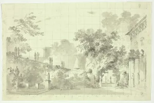 Transfer Prints: View of the Park at Versailles: Statues and a Fountain